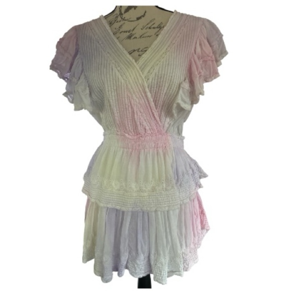 LoveShackFancy dress, tiered, lace, embroidery. Pastel, flutter sleeves, size XL - Picture 2 of 9